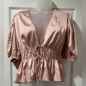 ✨ WAYF Satin Tie-Front Peplum Blouse in Blush Pink✨